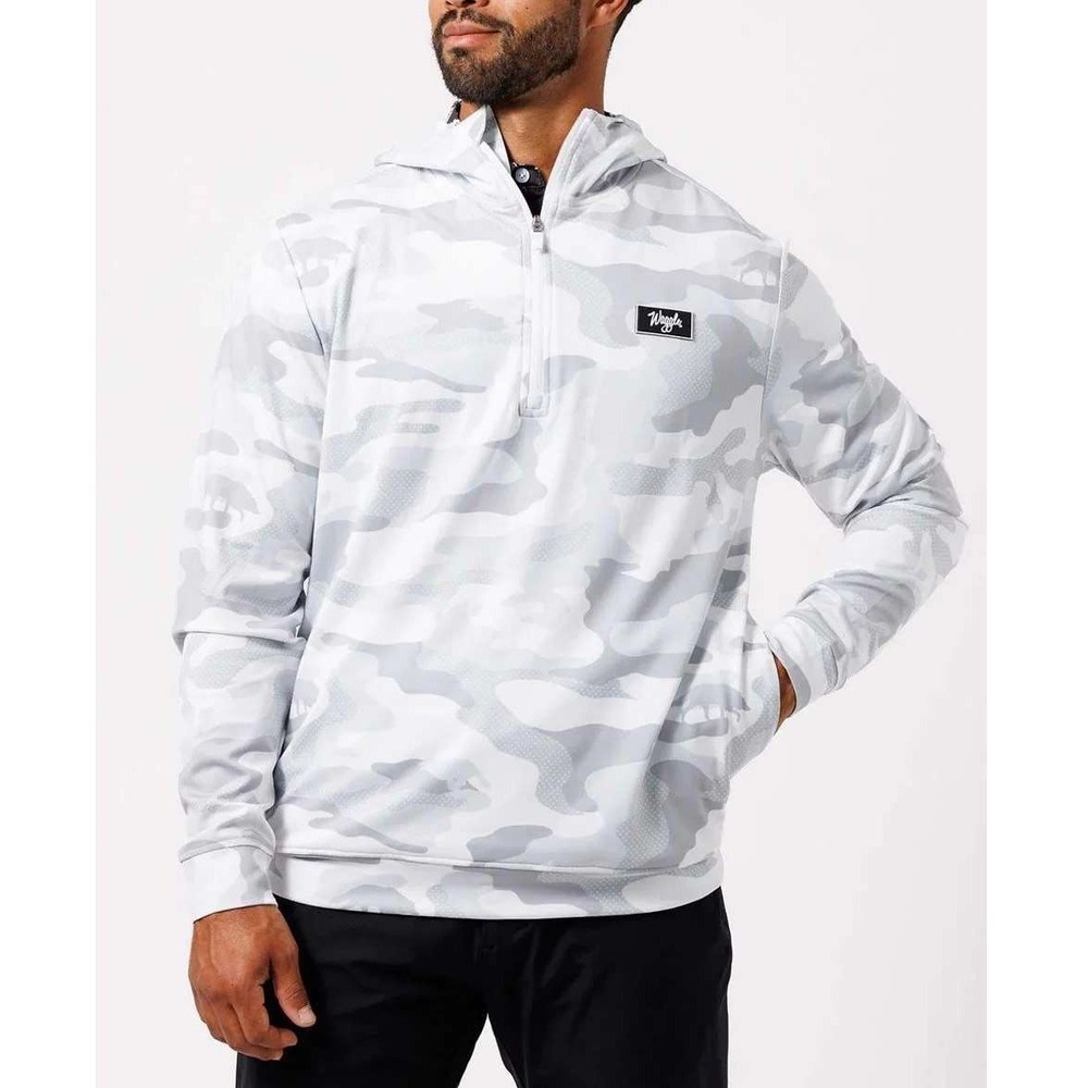 Men's White Camo Half-Zip Hoodie with Chest Patch
